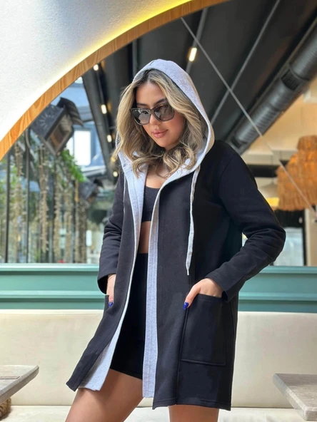 MDB Kadın Uzun Kollu Kapşonlu çift Renkli şardonlu Iki Iplik Ceket - Resim 8