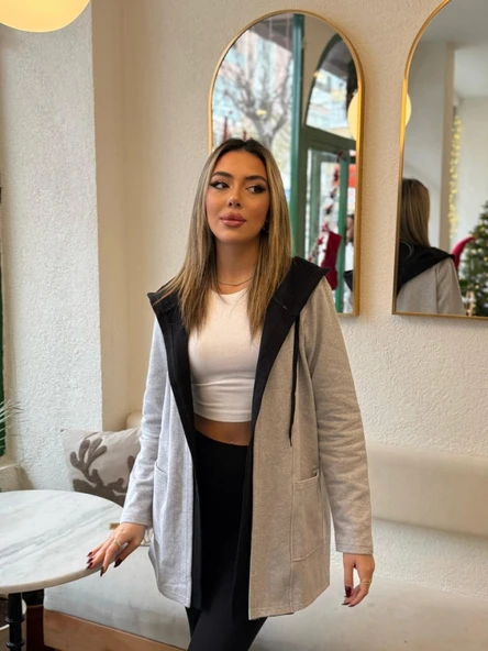 MDB Kadın Uzun Kollu Kapşonlu çift Renkli şardonlu Iki Iplik Ceket - Resim 7