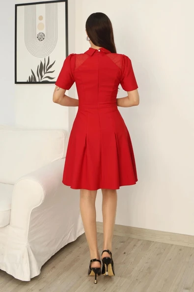Omuz Tül Detaylı Gömlek Yaka Midi Elbise 2327-Kırmızı - Resim 7