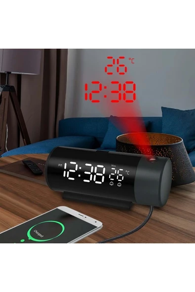 Plentiful Projeksiyonlu Silindir USB Güç LED Ekran Çalar Saat Sıcaklık Çift Alarm ürün görseli 1