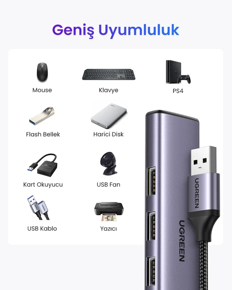 UGREEN USB Hub 4 USB 3.0 Bağlantı Noktası Veri Yuvası USB., 20805 - Resim 4