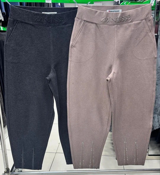 Büyük Beden Lastikli Yüksek Bel Taşlı Mom Likralı Taş Deri Detaylı Kışlık Kaşe Kadın Pantolon - Resim 5