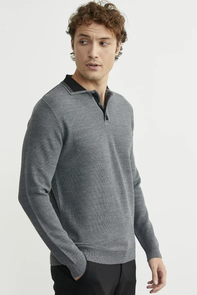 Polo Yaka Yünlü Triko Kazak - Füme - Resim 3