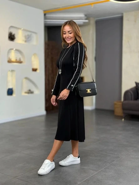 MDB Kadın Uzun Kollu Bisiklet Yaka Midi Modal Elbise - Resim 2