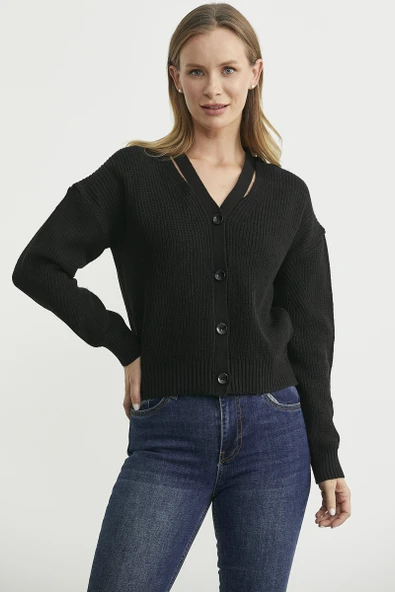 Yaka Detaylı Düğmeli Triko Hırka - Siyah - Resim 2