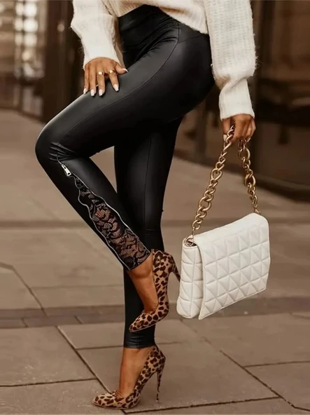 MDB Kadın Yüksek Bel Yandan Yırtmaçlı Dantel Detaylı Deri Tayt - Resim 3