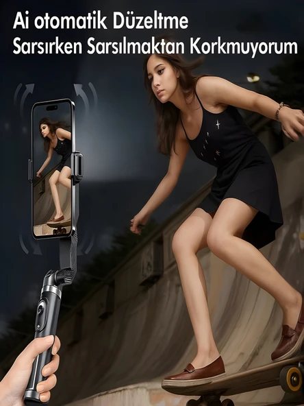 Uzaktan Kumandalı 101cm LED Işıklı Al Tripod Yapay Zeka Destekli Titreşim Engelli Gimbal - Resim 3