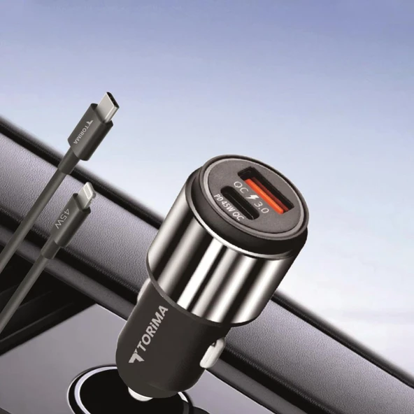 Torima C16 45W Silver Araç Şarj Cihazı Lıghtnıng Kablolu Hızlı Şarj Adaptörü - Resim 4
