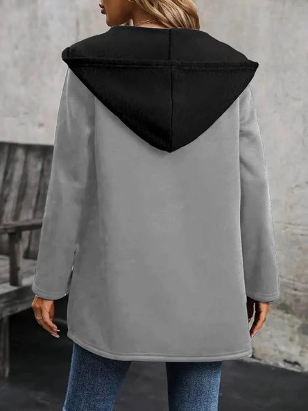 MDB Kadın Uzun Kollu Kapşonlu çift Renkli şardonlu Iki Iplik Ceket - Resim 2