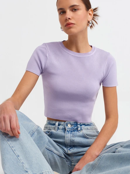 10357 DİLVİN KAZAK BİSİKLET YAKA KISA KOL CROP - Resim 9