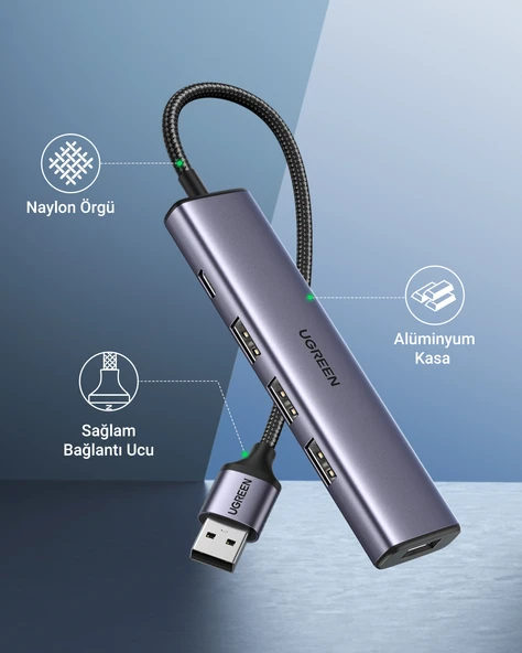 UGREEN USB Hub 4 USB 3.0 Bağlantı Noktası Veri Yuvası USB., 20805 - Resim 7