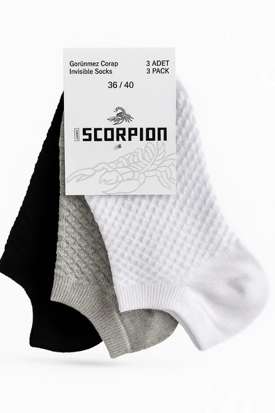 Kadın Görünmez Çorap 3’lü Set – Pamuklu, Esnek, File Dokulu (Siyah Gri Beyaz) - Resim 10