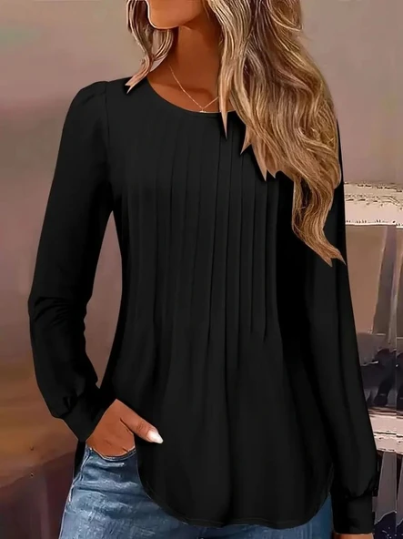 MDB Kadın Uzun Kollu Yuvarlak Yaka Nervürlü Bluz - Resim 4