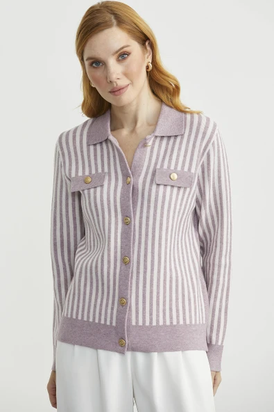 Çizgi Detaylı Yakalı Triko Ceket - Gül ürün görseli 1