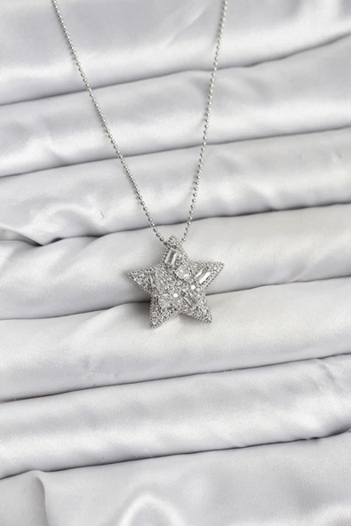 316L Çelik Zincir Gümüş Renk Zincirli Gümüş Yıldız Model Kadın Kolye - TJ-BKO10678 ürün görseli