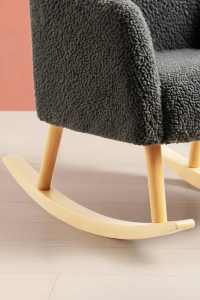 LOOP Sallanan Sandalye – Antrasit Teddy Kumaş | Doğal Ahşap Ayaklı Berjer - Sallanan Koltuk - Resim 4