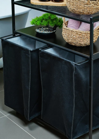 DEKORATİF KİRLİ SEPETLİ BANYO DOLABI 2 RAFLI 2 BÖLMELİ ÇAMAŞIR SEPETİ BANYO DÜZENLEYİCİ ORGANİZER - Resim 4