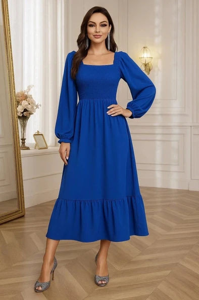 MDB Kadın Uzun Kollu Kare Yakalı Gipeli Uzun Trikoton Elbise ürün görseli 1