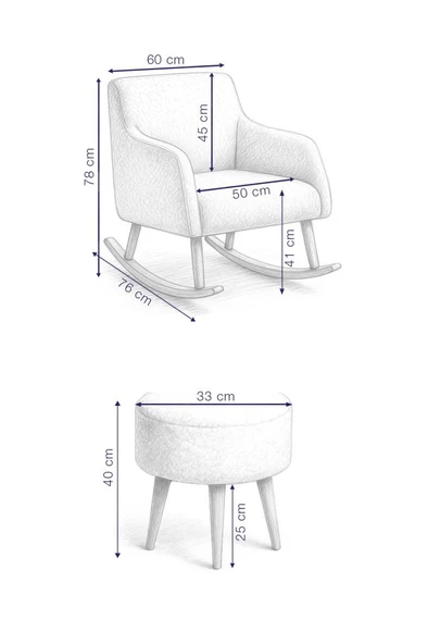 LOOP Sallanan Sandalye ve Puf Seti – Antrasit Teddy Kumaş Ahşap Ayaklı Berjer - Sallanan Koltuk Puf - Resim 7