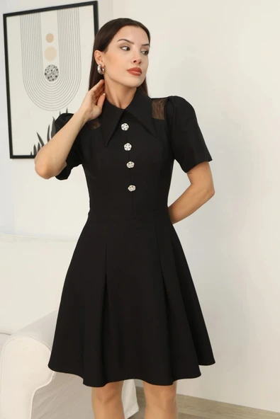 Omuz Tül Detaylı Gömlek Yaka Midi Elbise 2327-Siyah - Resim 5