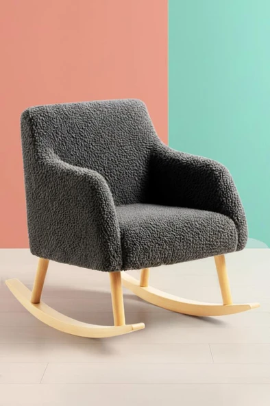 LOOP Sallanan Sandalye ve Puf Seti – Antrasit Teddy Kumaş Ahşap Ayaklı Berjer - Sallanan Koltuk Puf - Resim 2