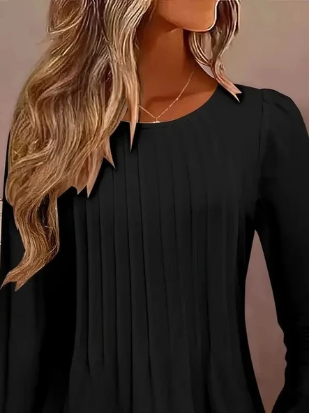 MDB Kadın Uzun Kollu Yuvarlak Yaka Nervürlü Bluz - Resim 2