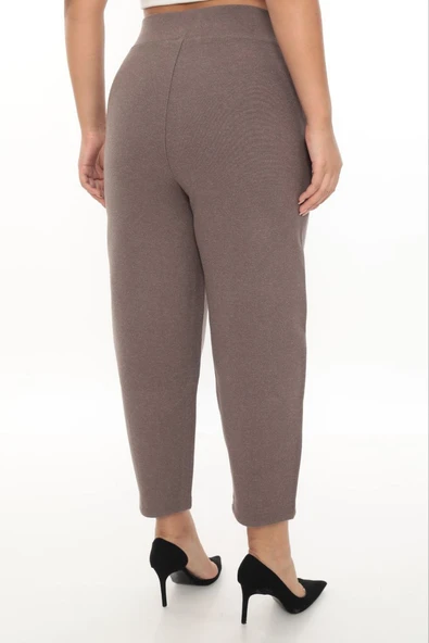 Büyük Beden Lastikli Yüksek Bel Taşlı Mom Likralı Taş Deri Detaylı Kışlık Kaşe Kadın Pantolon - Resim 4