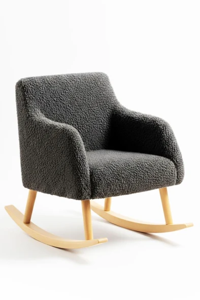 LOOP Sallanan Sandalye – Antrasit Teddy Kumaş | Doğal Ahşap Ayaklı Berjer - Sallanan Koltuk - Resim 2