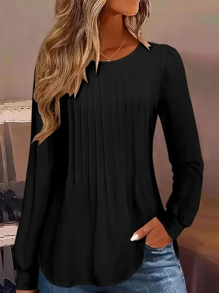 MDB Kadın Uzun Kollu Yuvarlak Yaka Nervürlü Bluz ürün görseli 1