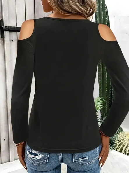 MDB Kadın Omuzlardan Açık Uzun Kollu Yakadan Halka şerit Detaylı Viskon Bluz - Resim 3