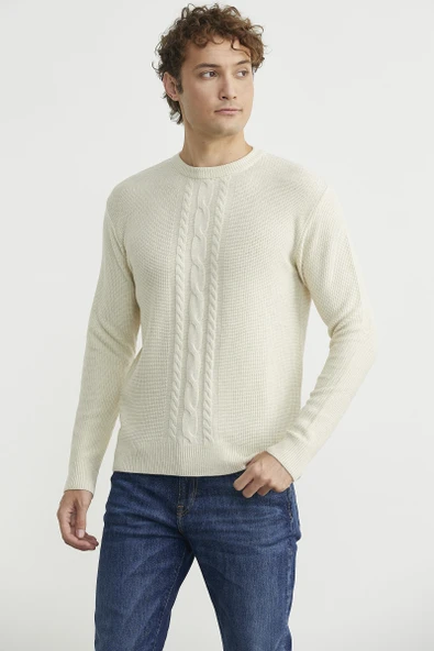 Motif Detaylı Bisiklet Yaka Triko Kazak - Taş - Resim 3