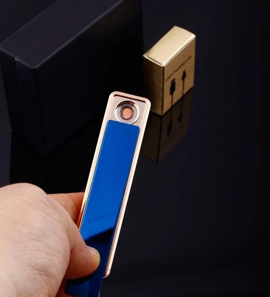 Şık Görünümlü Usb Şarjlı Rezistanslı İnce Slim Metal Çakmak (mavi) ürün görseli 1