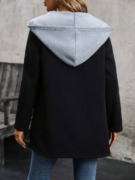 MDB Kadın Uzun Kollu Kapşonlu çift Renkli şardonlu Iki Iplik Ceket - Resim 3