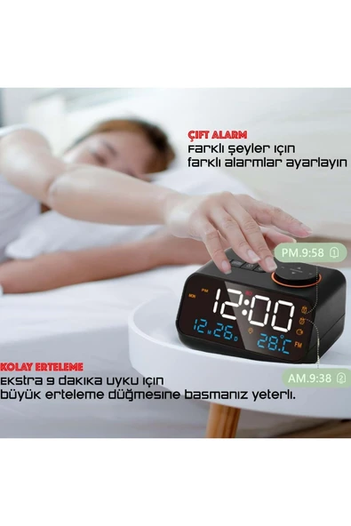Plentiful Dekoratif LED Dijital Saat FM Radyo 2 Alarm Sıcaklık ve Nem Göstergeli Şarjlı Pilli Saat - Resim 5