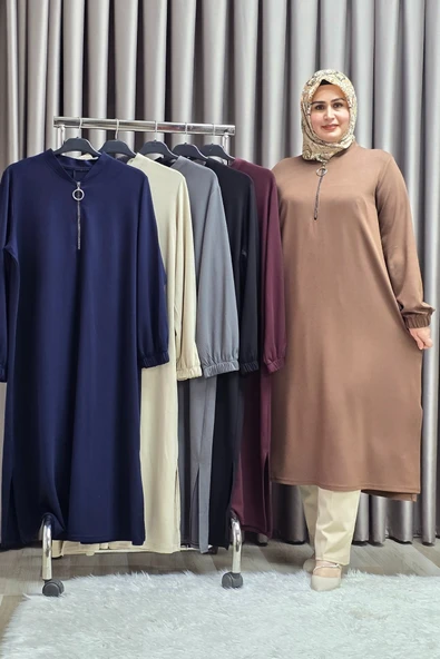 Kadın Tesettür Giyim Büyük Beden Fermuarlı Jumbo Uzun Tunik - Resim 3