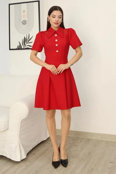 Omuz Tül Detaylı Gömlek Yaka Midi Elbise 2327-Kırmızı - Resim 4