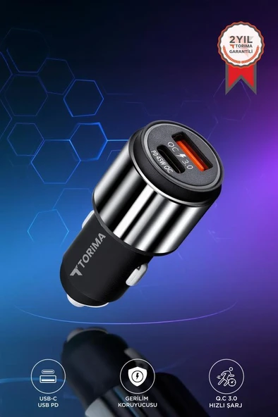 Torima C16 45W Silver Araç Şarj Cihazı Type-C Kablolu Hızlı Şarj Adaptörü ürün görseli