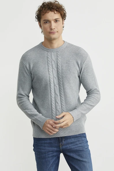 Motif Detaylı Bisiklet Yaka Triko Kazak - Gri - Resim 2