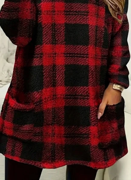 MDB Kadın Uzun Kollu Yarı Balıkçı Yakalı Cep Detaylı Ekoseli Dokuma Tunik - Resim 3