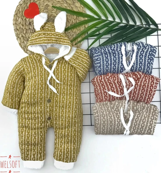 LitaeTrend 6-9-12-18 Ay Düğme Kapamalı Kulaklı Kapşonlu Triko Kumaş Kız Erkek Bebek Tulumu Mavi ürün görseli 1