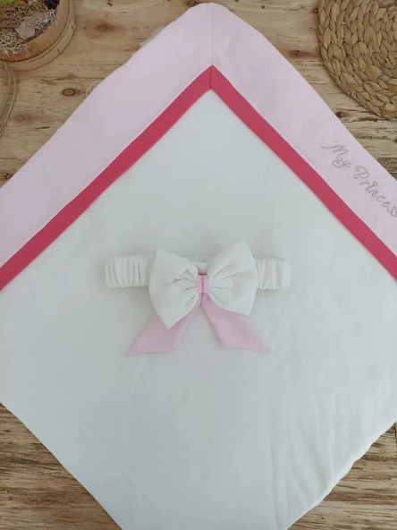 LitaeTrend Yenidoğan Bal Peteği My Prince Taç Nakışlı Delüks Kundak Bebek Battaniyesi Pembe - Resim 3