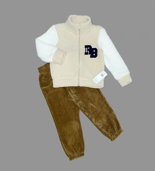 LitaeTrend 1-2-3 Yaş Kuzu Kumaş Fermuarlı Sweat Kadife Pantolonlu Uzun Kollu Kız Erkek Çocuk 2li Takım Bej ürün görseli 1