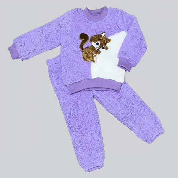 LitaeTrend 1-2-3 Yaş Masum Yavru Sincap Nakışlı Kuzu Kumaş Sweat Pantolon 2li Kız Erkek Bebek Takımı Lila ürün görseli