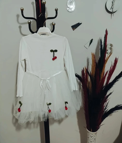 LitaeTrend 5-6-7 Yaş Kiraz Desenli Kurdela Kuşaklı Astarlı Uzun Kollu Kız Çocuk Tütü Elbise Beyaz - Resim 4