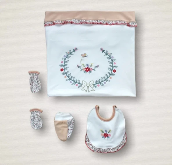 LitaeTrend Erguvan Taç Nakışlı  Kız Bebek 10lu Zıbın Takımı Hastane Çıkışı Nar Çiçeği - Resim 2