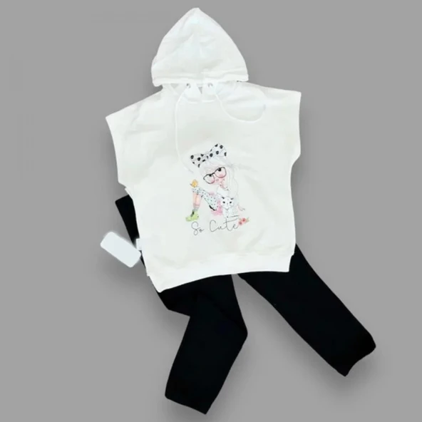 LitaeTrend 3-4-5 Yaş Kapşonlu Sevimli Kız Baskılı Kısa Kolu 2li Kız Erkek Çocuk Takımı Siyah ürün görseli 1