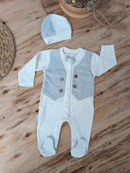 LitaeTrend 0-3 3-6 6-9 Ay Şapkalı Yelek Detaylı Boydan Çıtçıt Erkek Bebek Tulumu Ekru ürün görseli 1