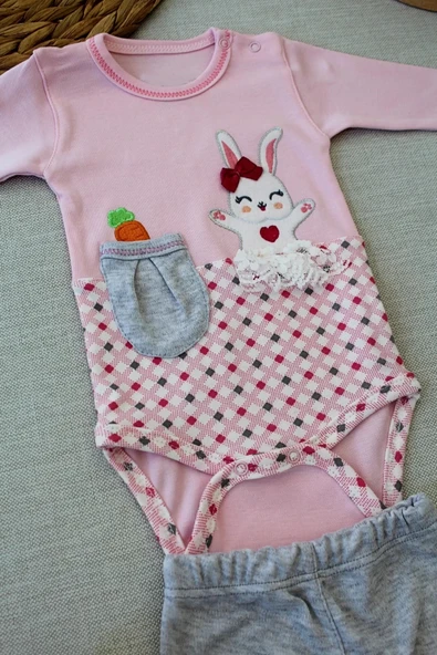 LitaeTrend 3-6 9-12 12-18 Ay Havuç Tavşan Nakışlı Bandanalı Uzun Kollu Zıbınlı 3lü Kız Bebek Tak Pembe - Resim 2