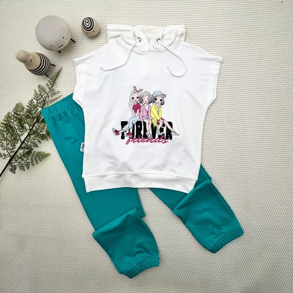 LitaeTrend 3-4-5 Yaş Forever Cici Kızlar Baskılı Kapşonlu 2li Kız Çocuk Takımı Turkuaz ürün görseli 1