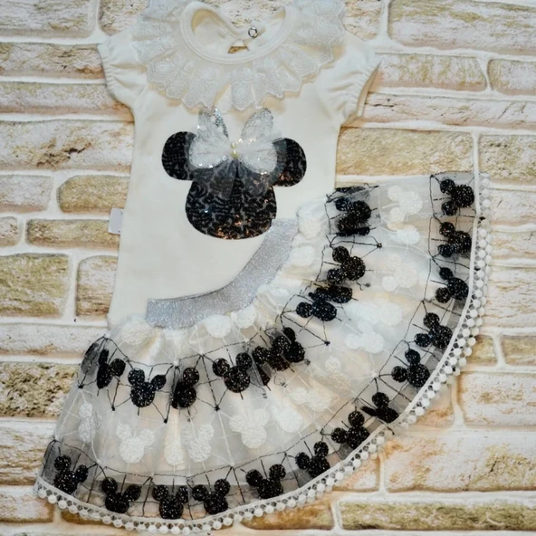LitaeTrend 1-2-3 Yaş Payetli Mickey Nakışlı Kısa Kollu Brode Etekli 2li Kız Bebek Takımı Siyah - Resim 2
